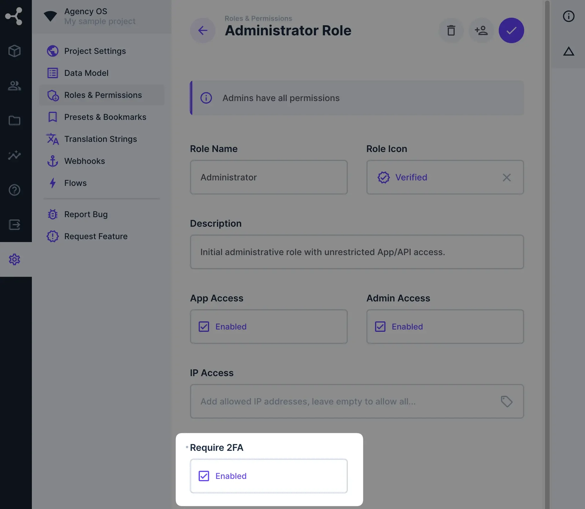 The Administrator role settings page is displayed. The Require 2FA form field is highlighted and enabled.