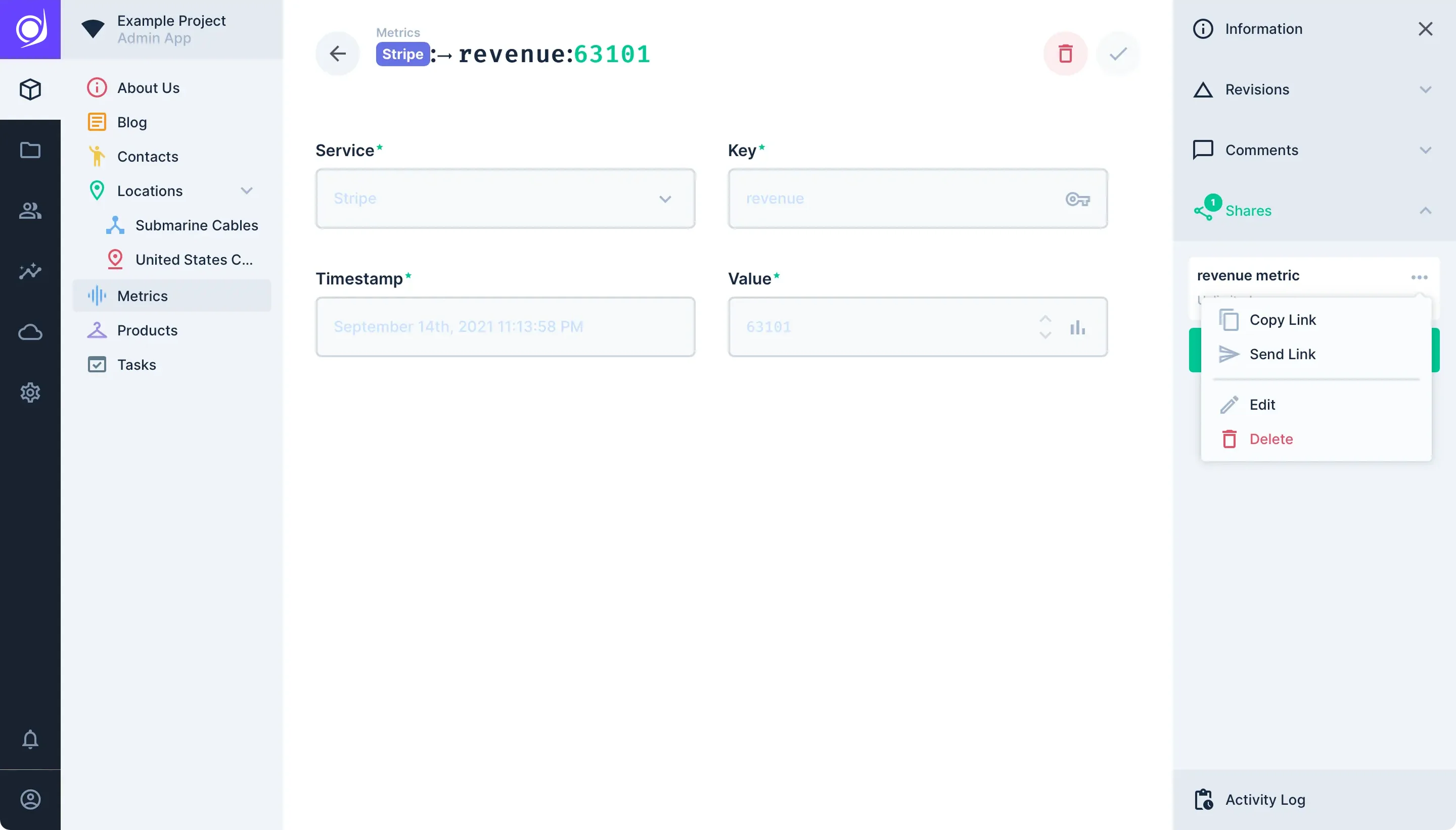 copy send edit delete shares menu