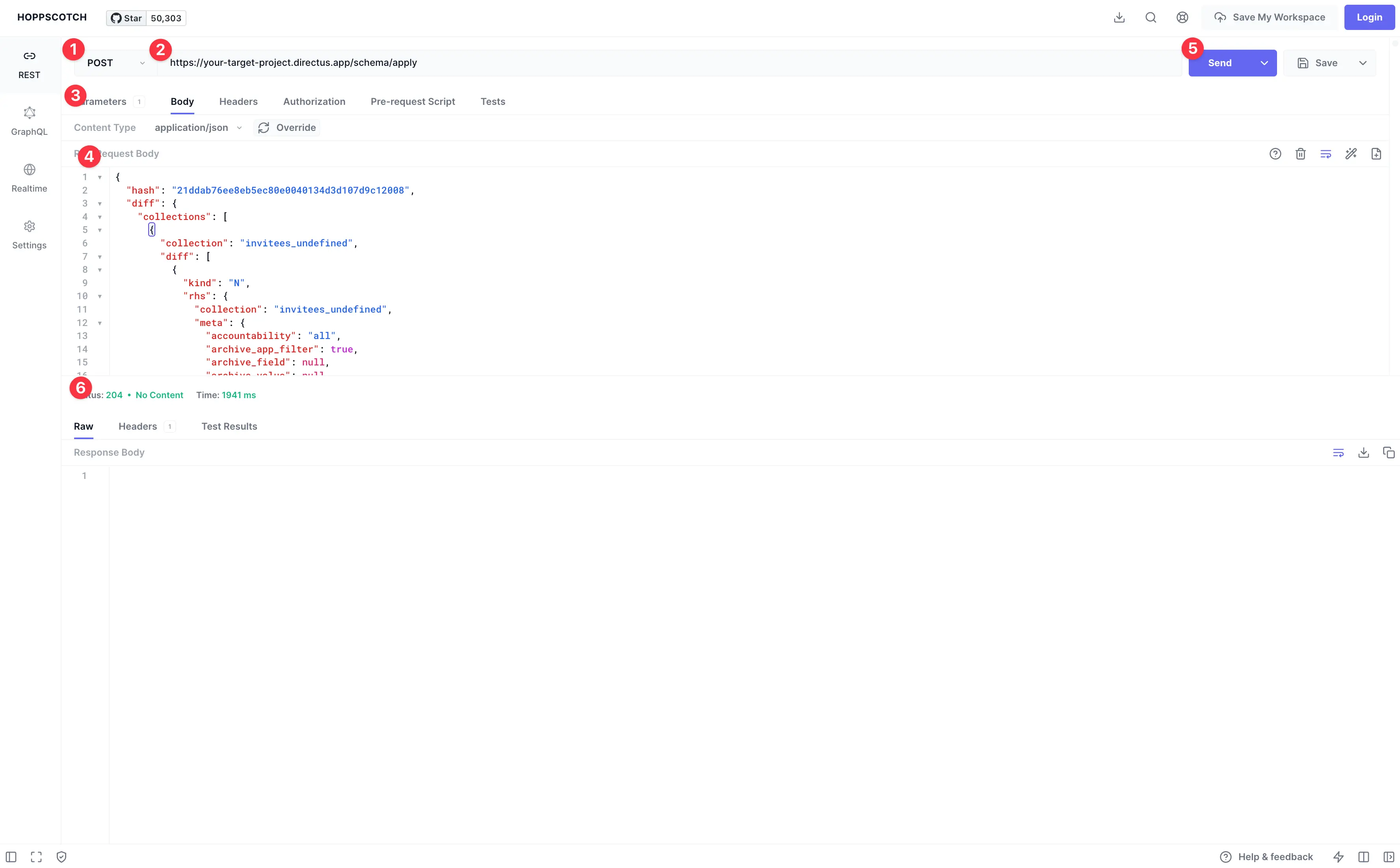 Screenshot of Hoppscotch annotated with numbers associated with the below points.