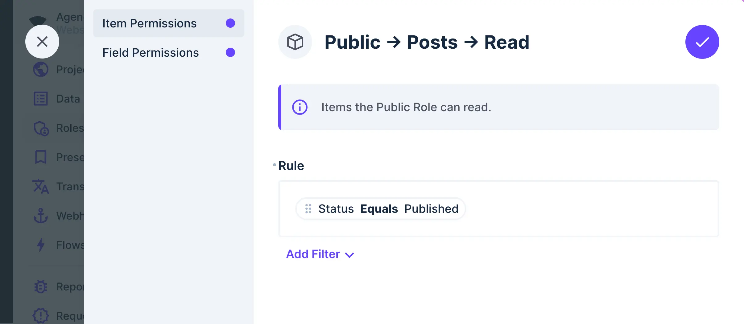 The custom permissions interface for the Public role is displayed. The Item Permissions table is active and one Rule is active - "Status" Equals "Published".