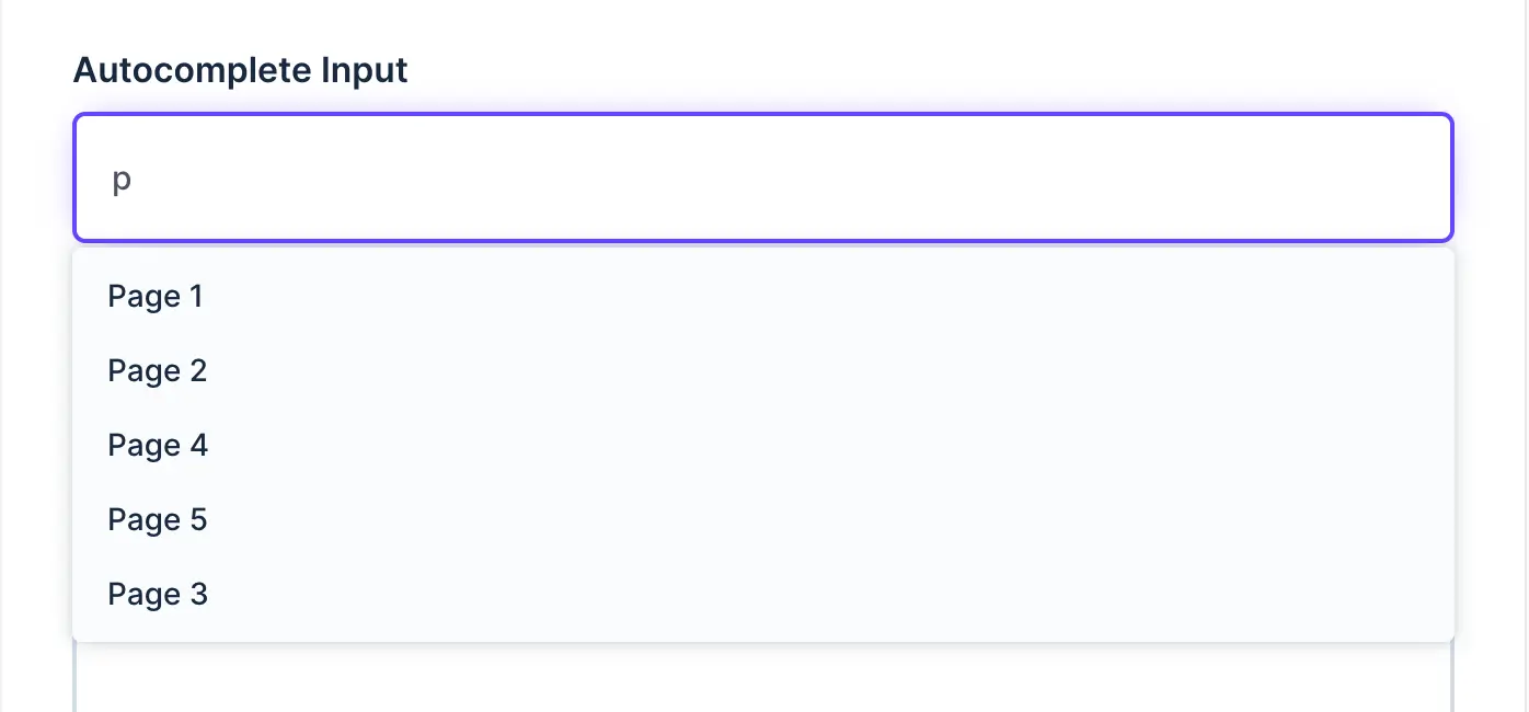An autocomplete form text input that shows a dropdown list of options based on a search query