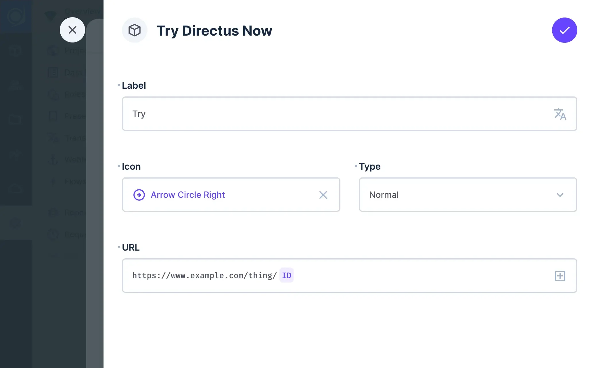 A form for creating new Button Links. Form has four fields: "Label", "Icon", "Type", "URL"