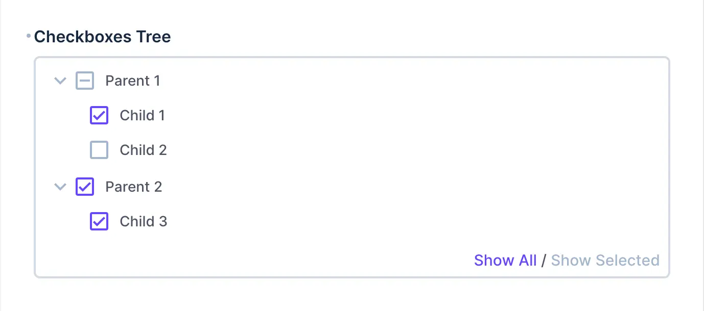 A form input with a nested tree of multiple parent and child checkboxes.