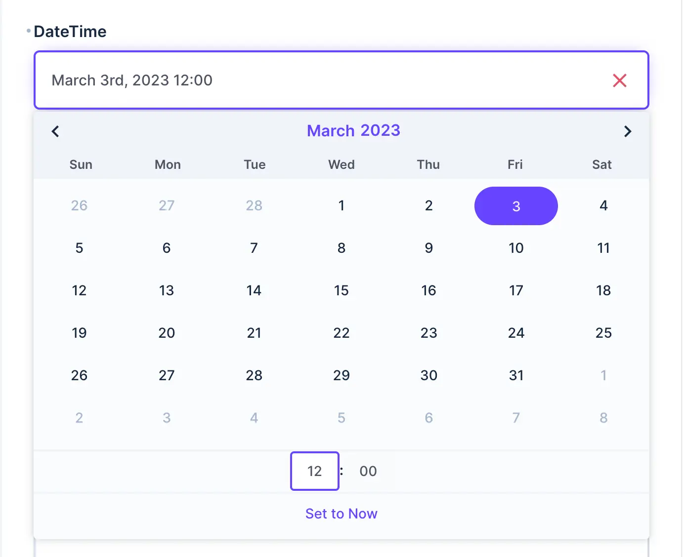 A date picker input. User can select a calendar date and input a time. 