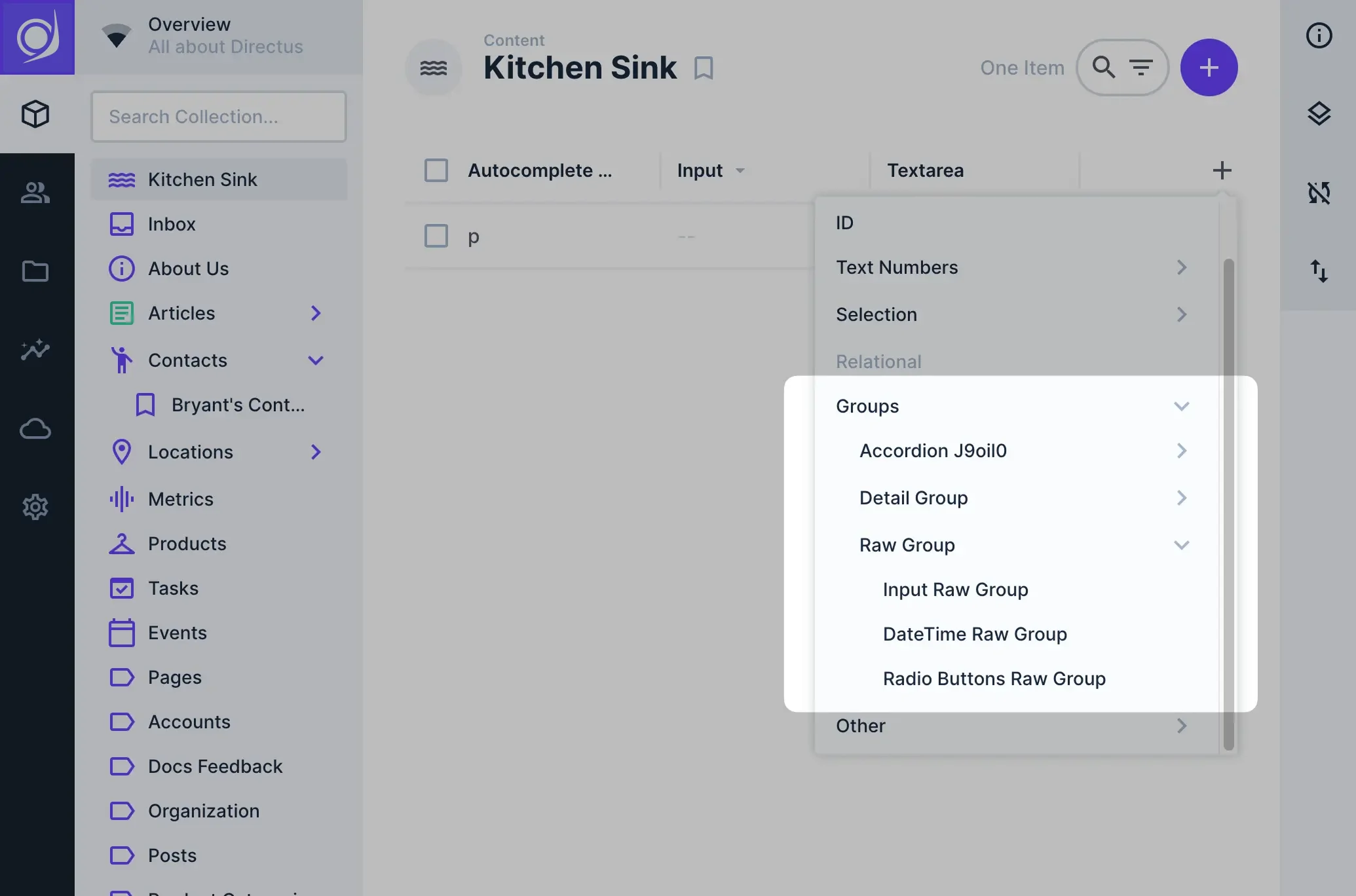 Content collection interface that shows a highlighted dropdown with several different groups of fields.