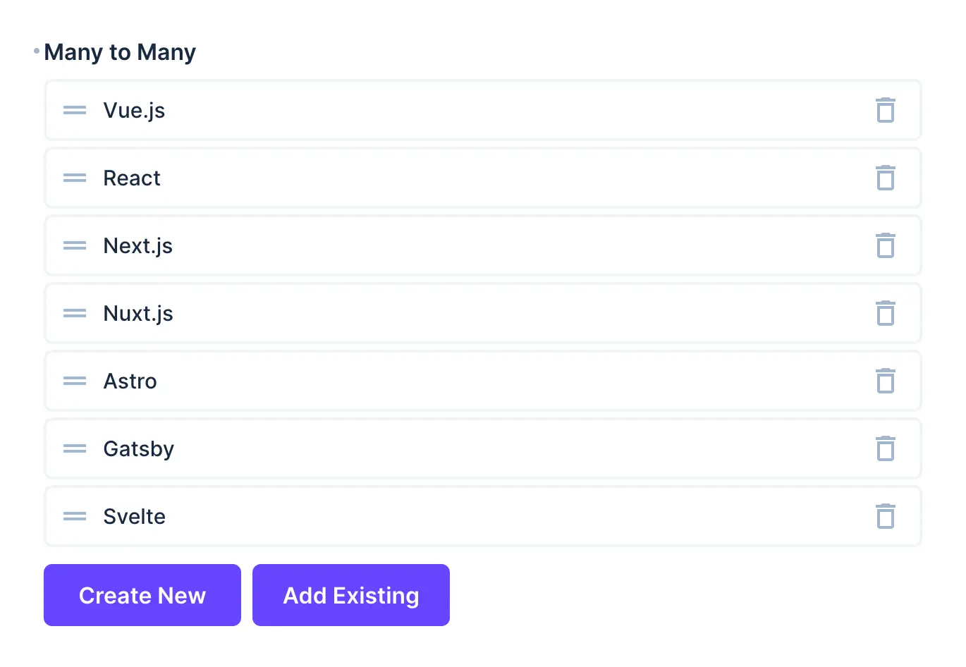 A form interface that allows users to select multiple different items from a single collection. Buttons for "Create New" and "Add Existing".