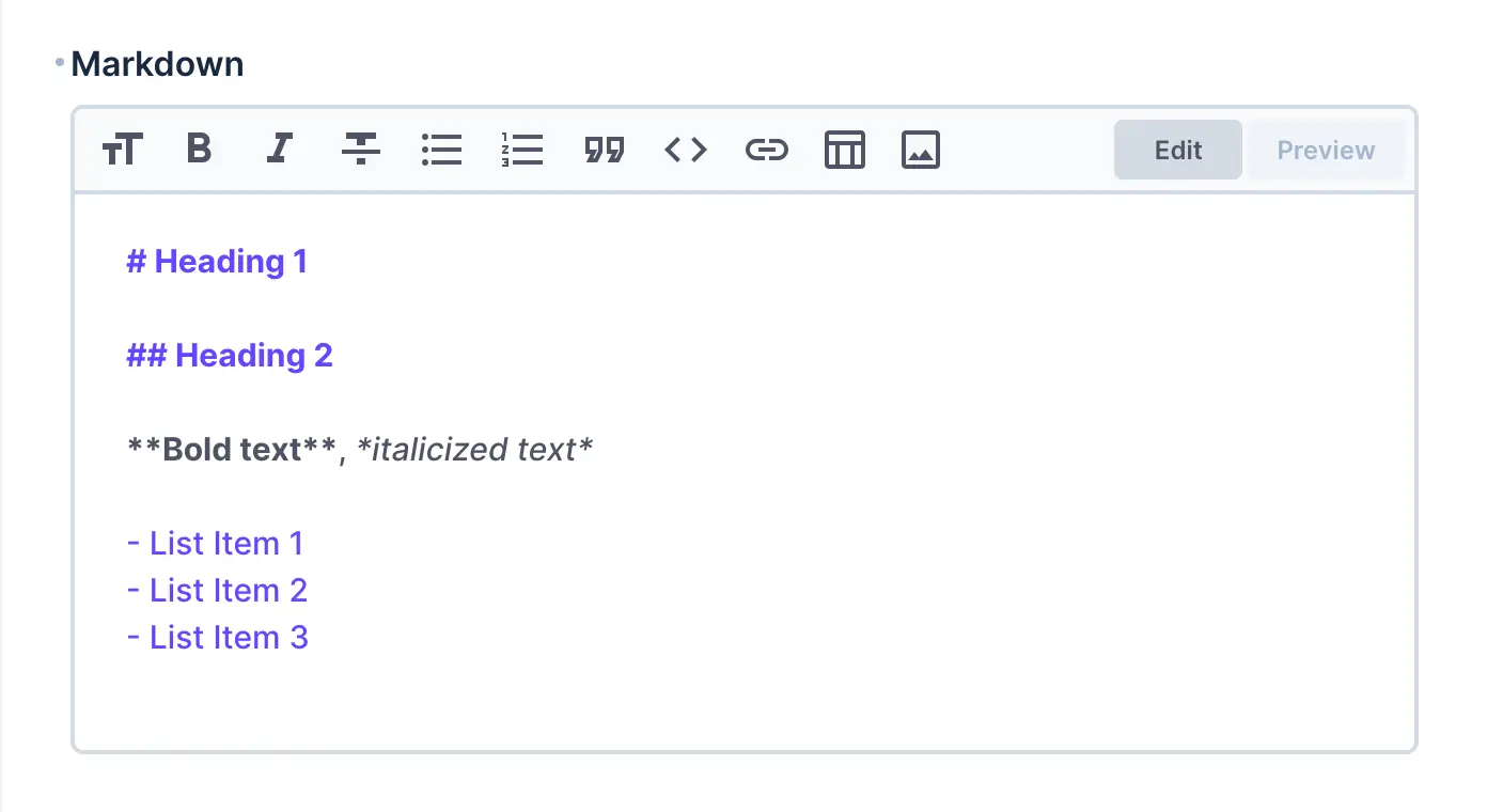 A markdown text editor with a toolbar with formatting options. Edit and preview tabs.