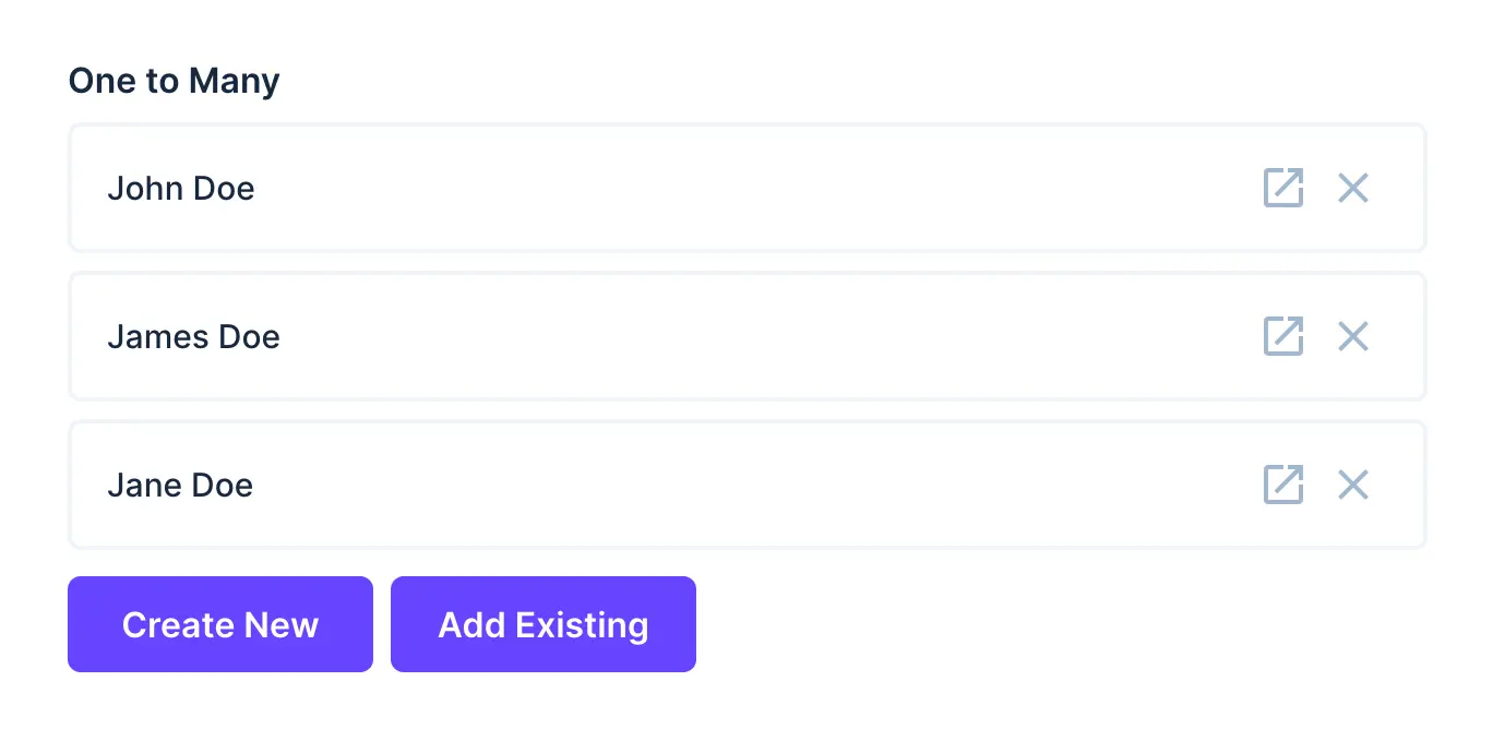 A form interface that allows users to select multiple items from a single collection. Buttons for "Create New" and "Add Existing".