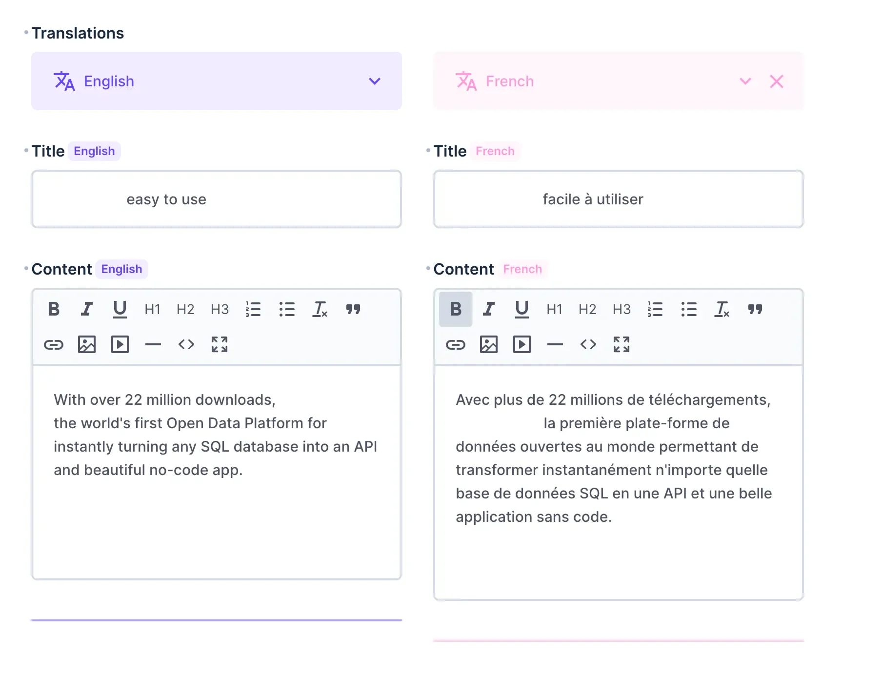 A form interface with two columns and two fields per column - "Title" and "Content". One column contains the English translation for each field. Second column contains the French translation for each field.