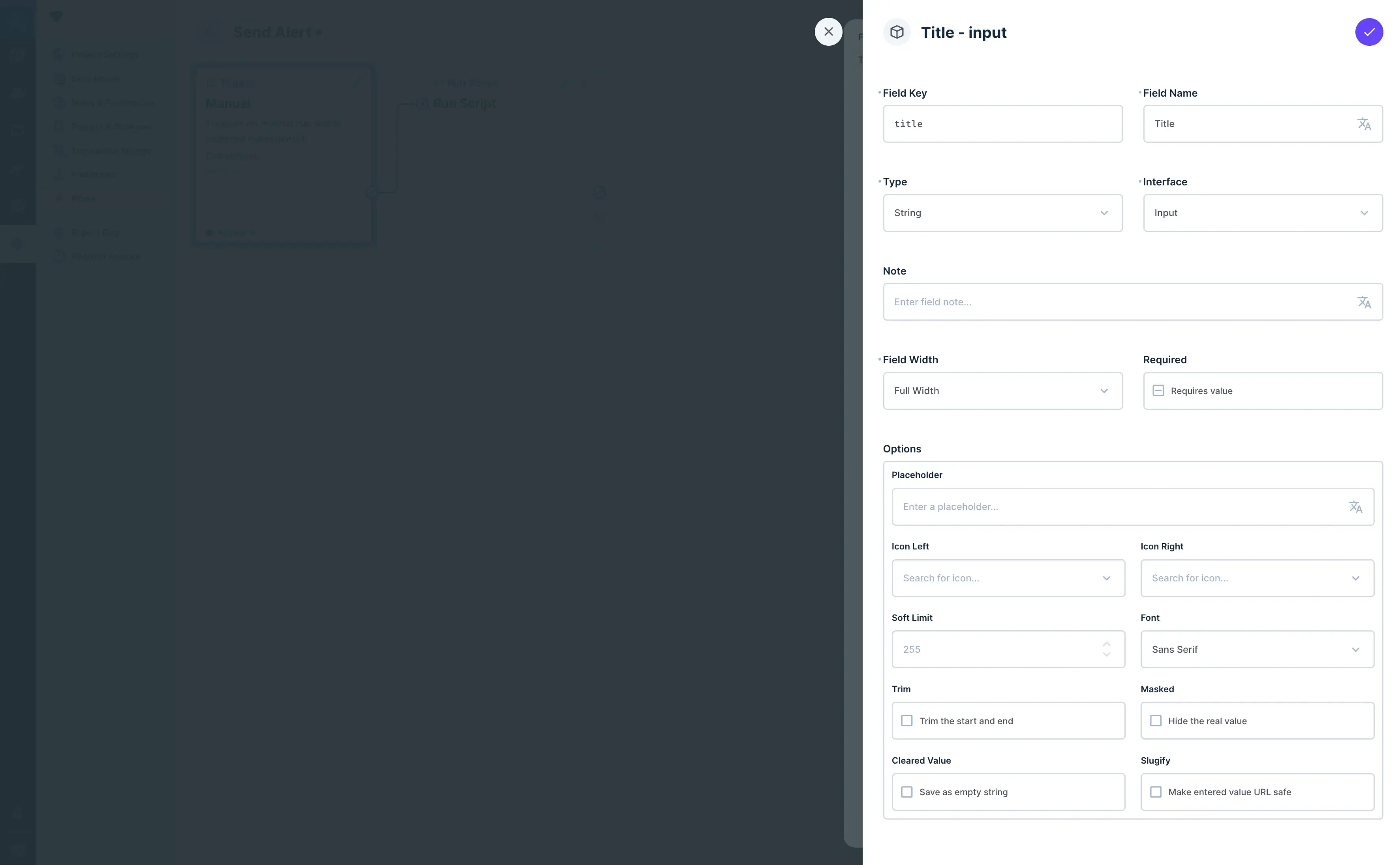 A pane is open in front of a Flow. It shows various options detailed below.