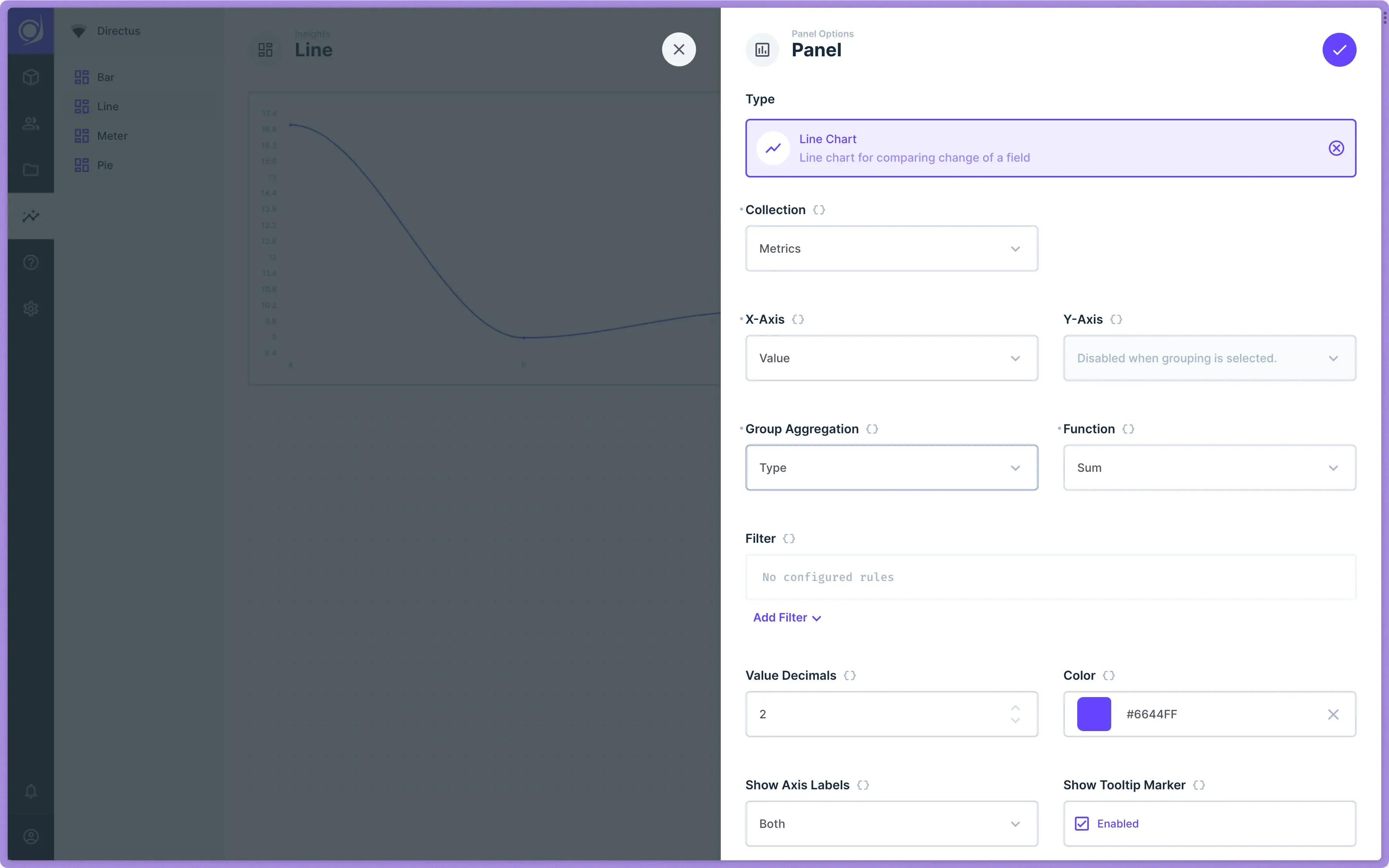 Dashboard edit page with a line chart options panel visible.