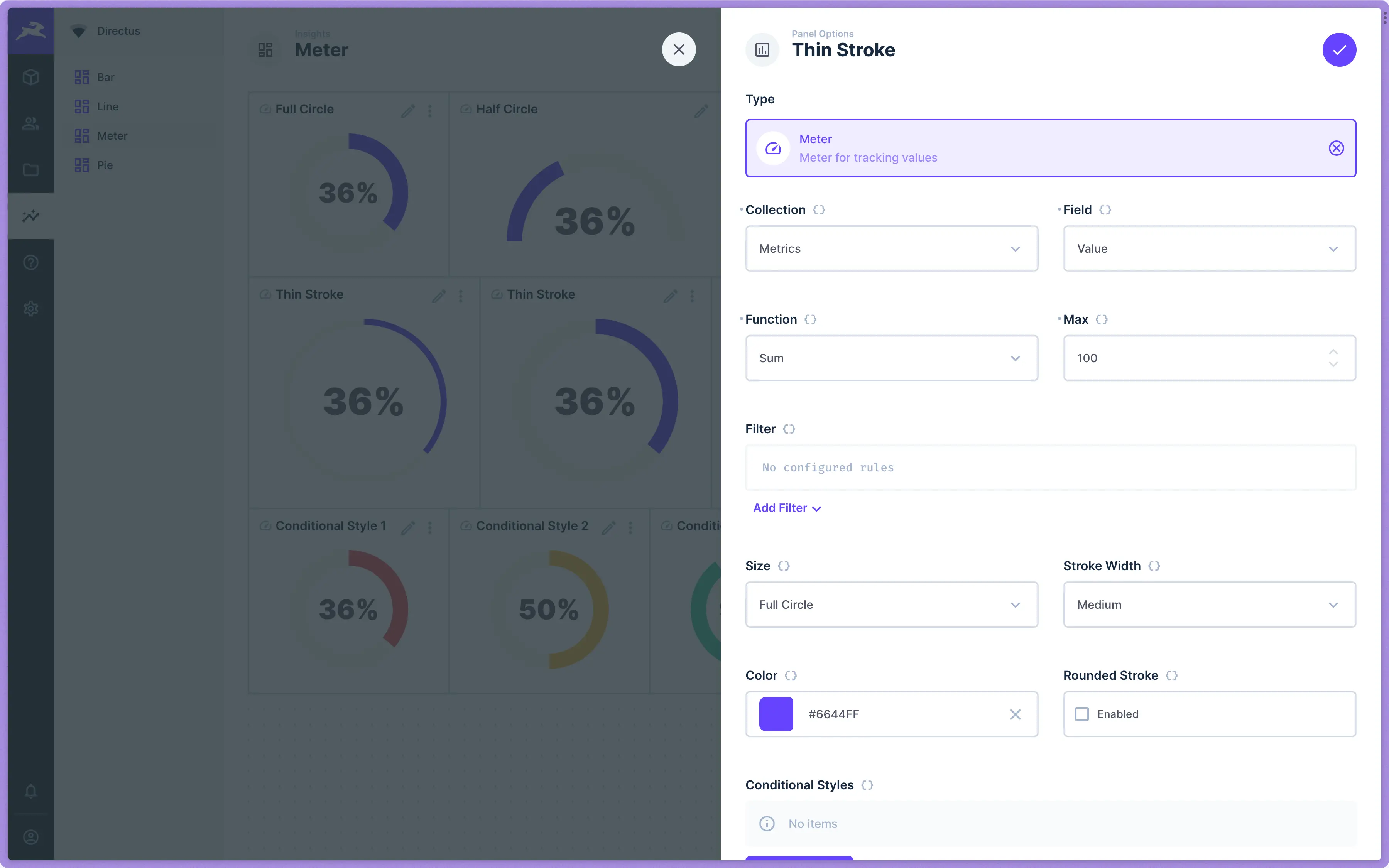Dashboard edit page with a meter options panel visible.