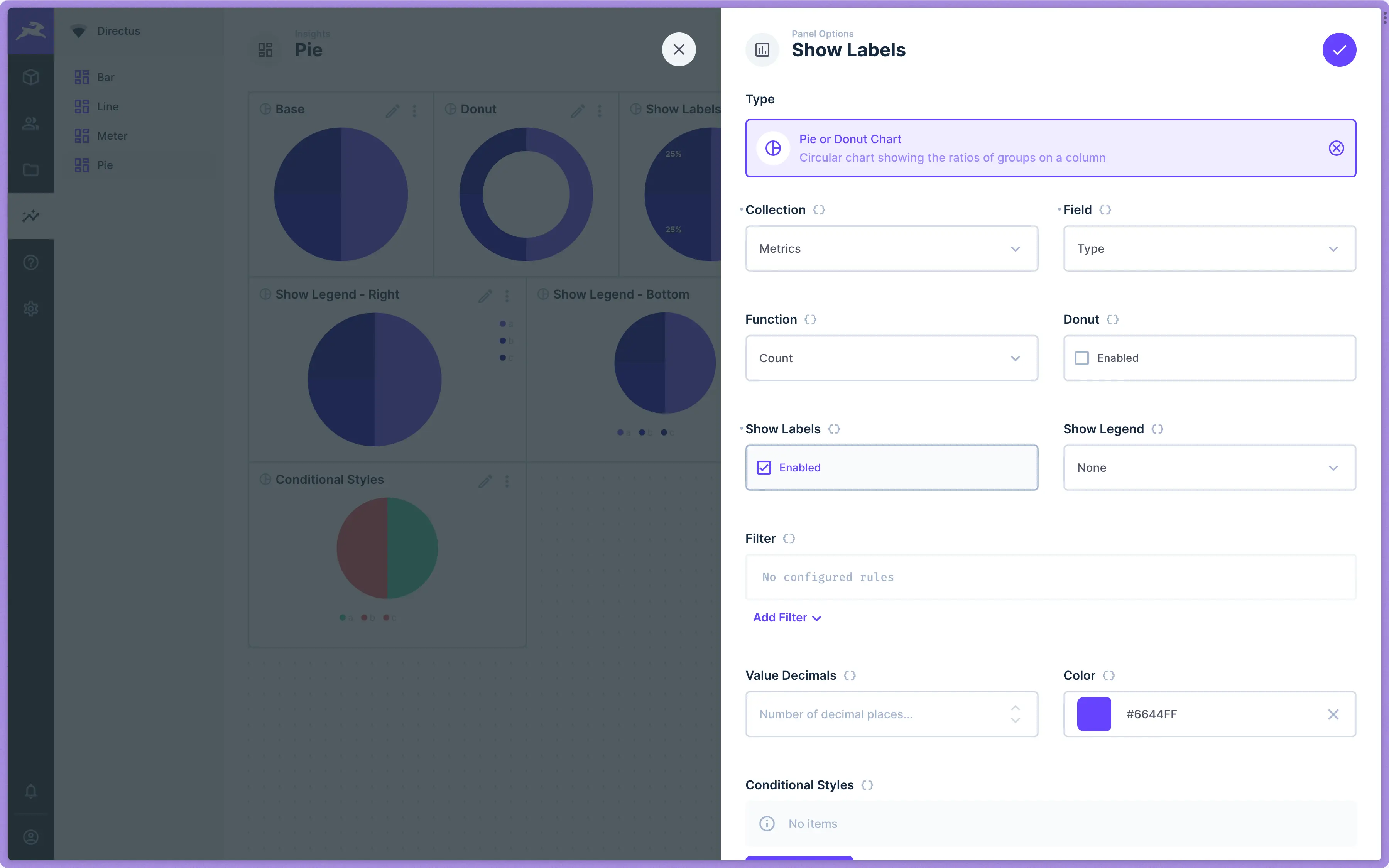 Dashboard edit page with a pie or donut options panel visible.