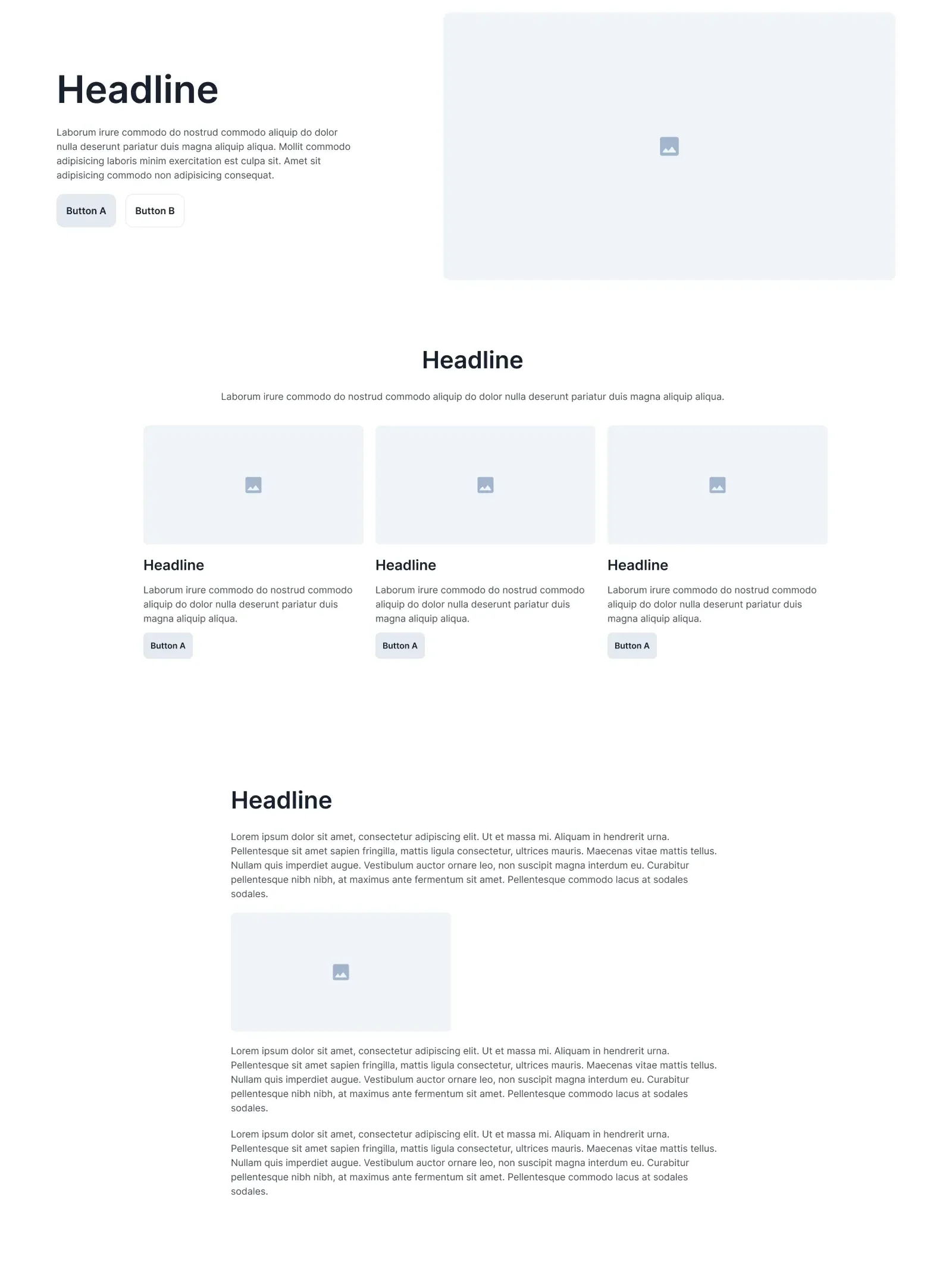 Website wireframe that shows three different sections. A hero block with a headline and image, a group of content cards, and a block of rich text.