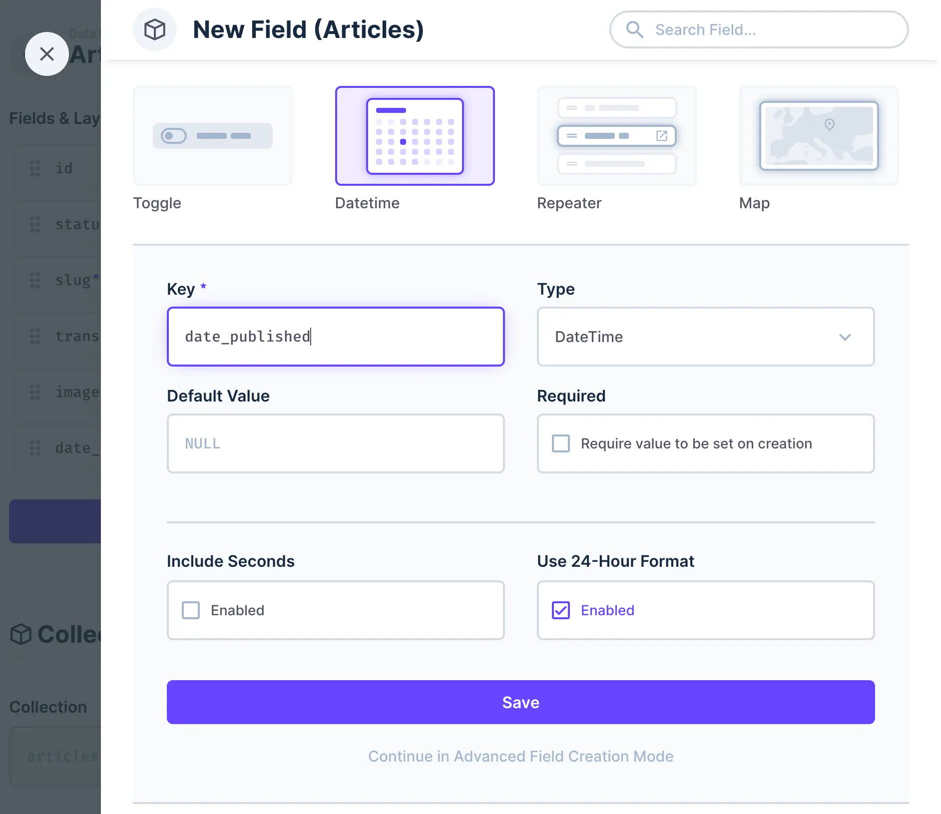 The interface for creating a new field is shown. The field type Datetime is selected. The Key is named date_published. The field for Use 24-Hour format is checked.